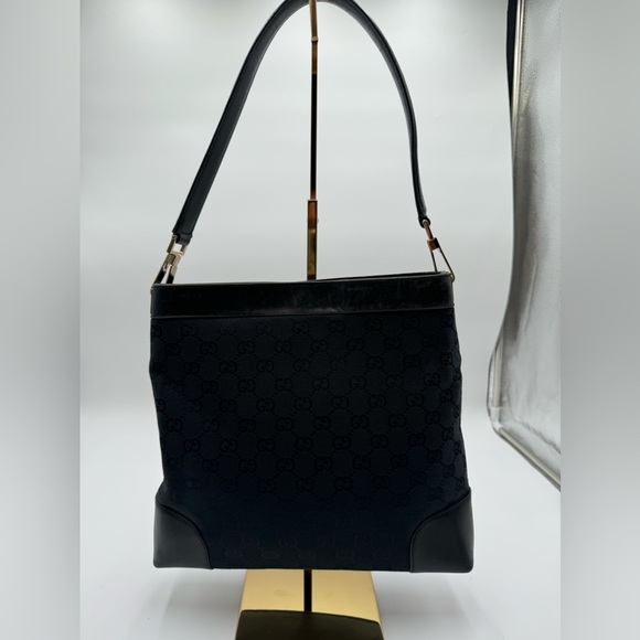 Gucci-Authentic-GG Canvas Shoulder Bag Black Leather - Picture 8 of 15